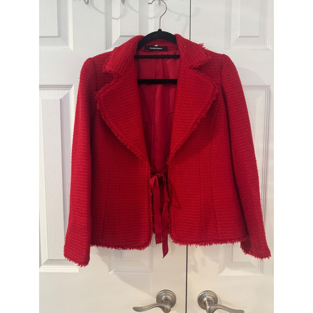 Ellen Tracy Red Tweed Classic Fringed Blazer Ribbon Tie Jacket size 4 Petite